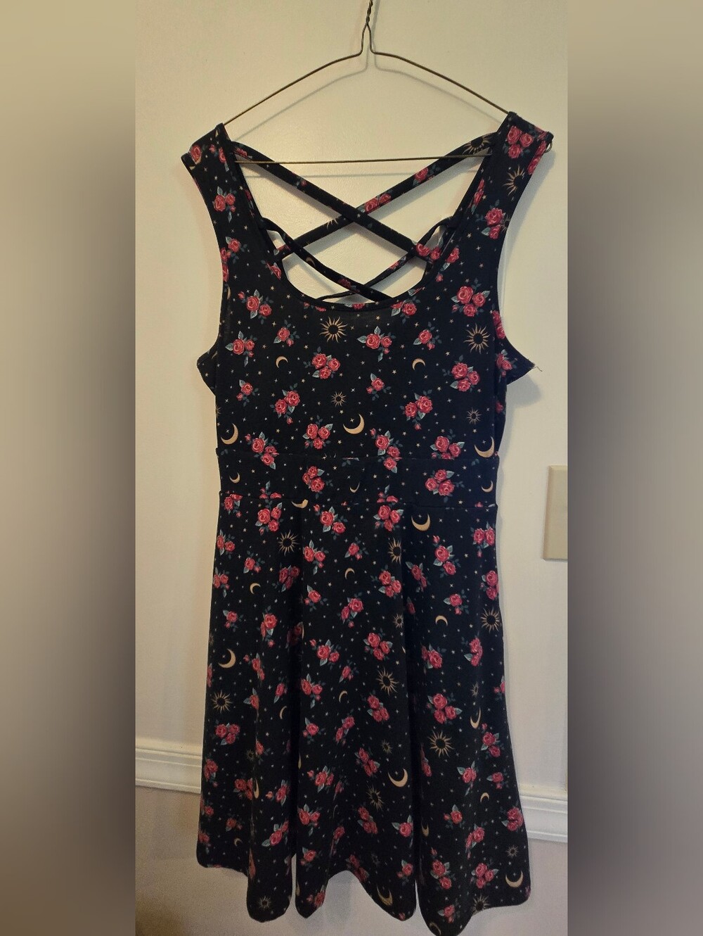 Hot Topic Black Floral & Celestial Crisscross Mini Dress